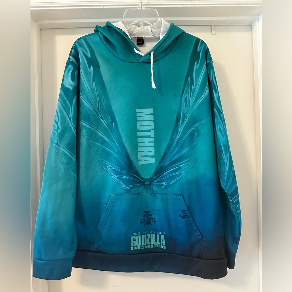 Size XL (“unisex”) Godzilla/Mothra sublimination hooded sweatshirt